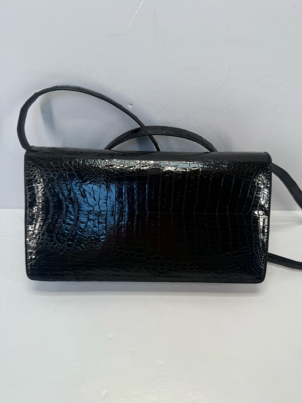 Vintage authentic Black Crocodile  skin Crossbody accordion style clutch Bag